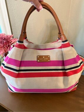 kate spade Pink, Red & Beige Striped Canvas Tote with Tan Handles